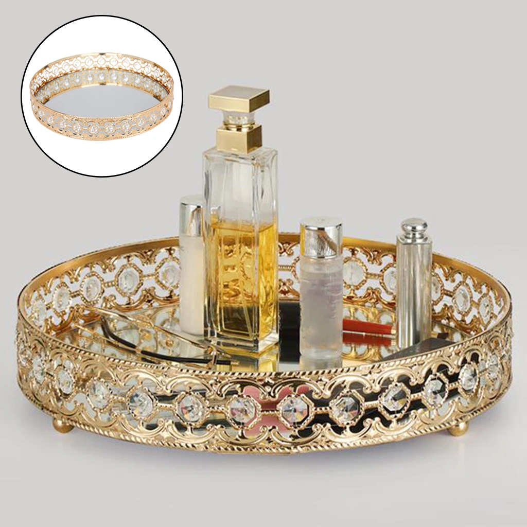 Round Golden Mirror Candle Tray Plate Wedding Table Decorative Mirror Tray Crystal Vanity Tray for Home Bedroom