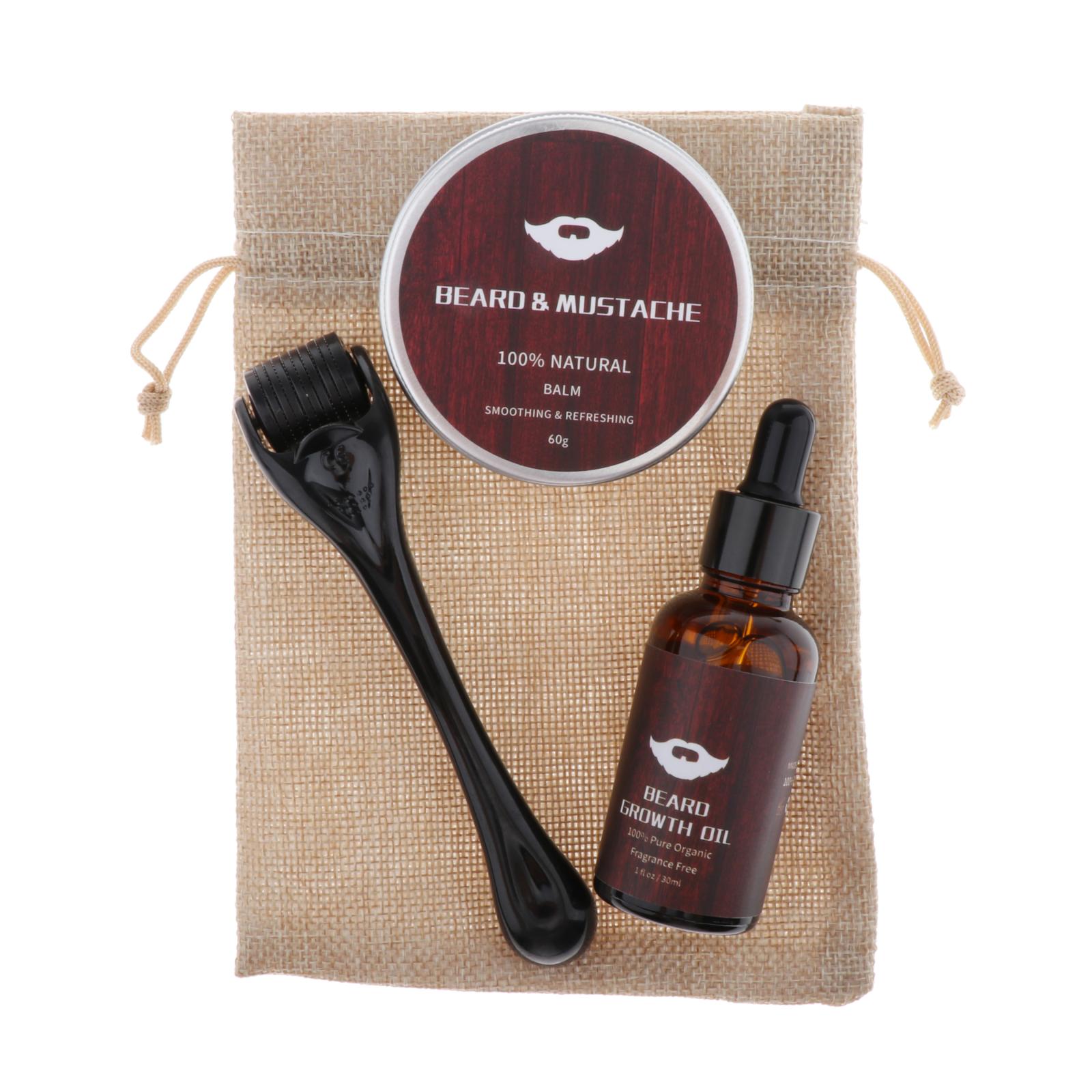 Beard Taming Kit Mustache Comb Grooming Styling Growth Oil Balm Roller Gift Set