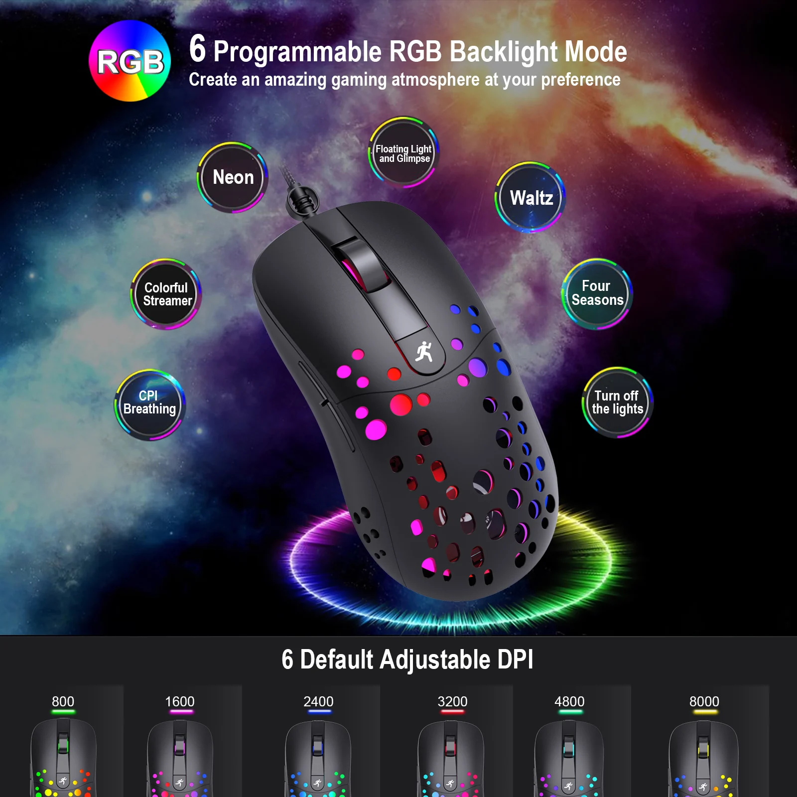 Black RGB Gaming Mouse USB Wired Hollow Out Design 8000 DPI Adjustable for Laptop Computer