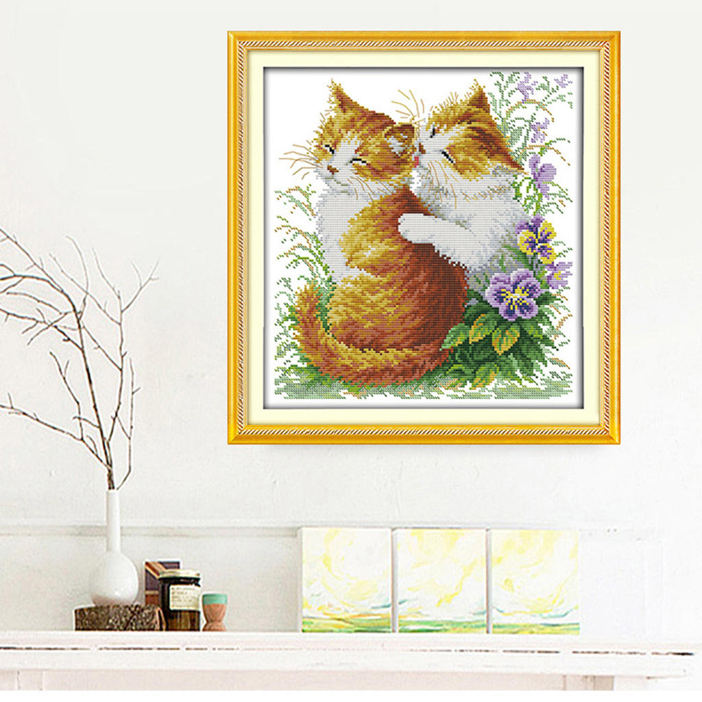 Stamped Cross Stitch Kits With Printed Pattern - Kissing Cats, for Embroidery Art Cross-Stitching Lover