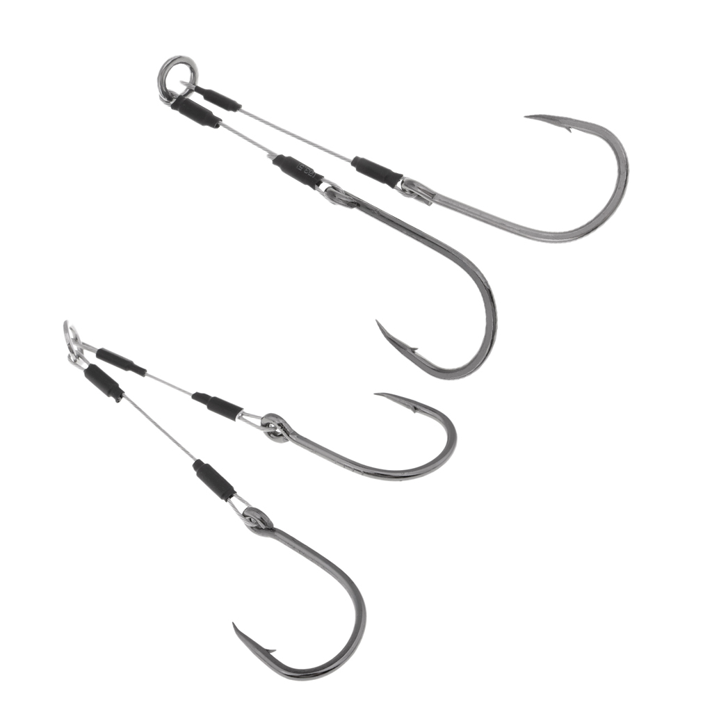 2pcs High-carbon Steel Dual Assist Hooks Jigging Fishing Hooks W/ Steel Line