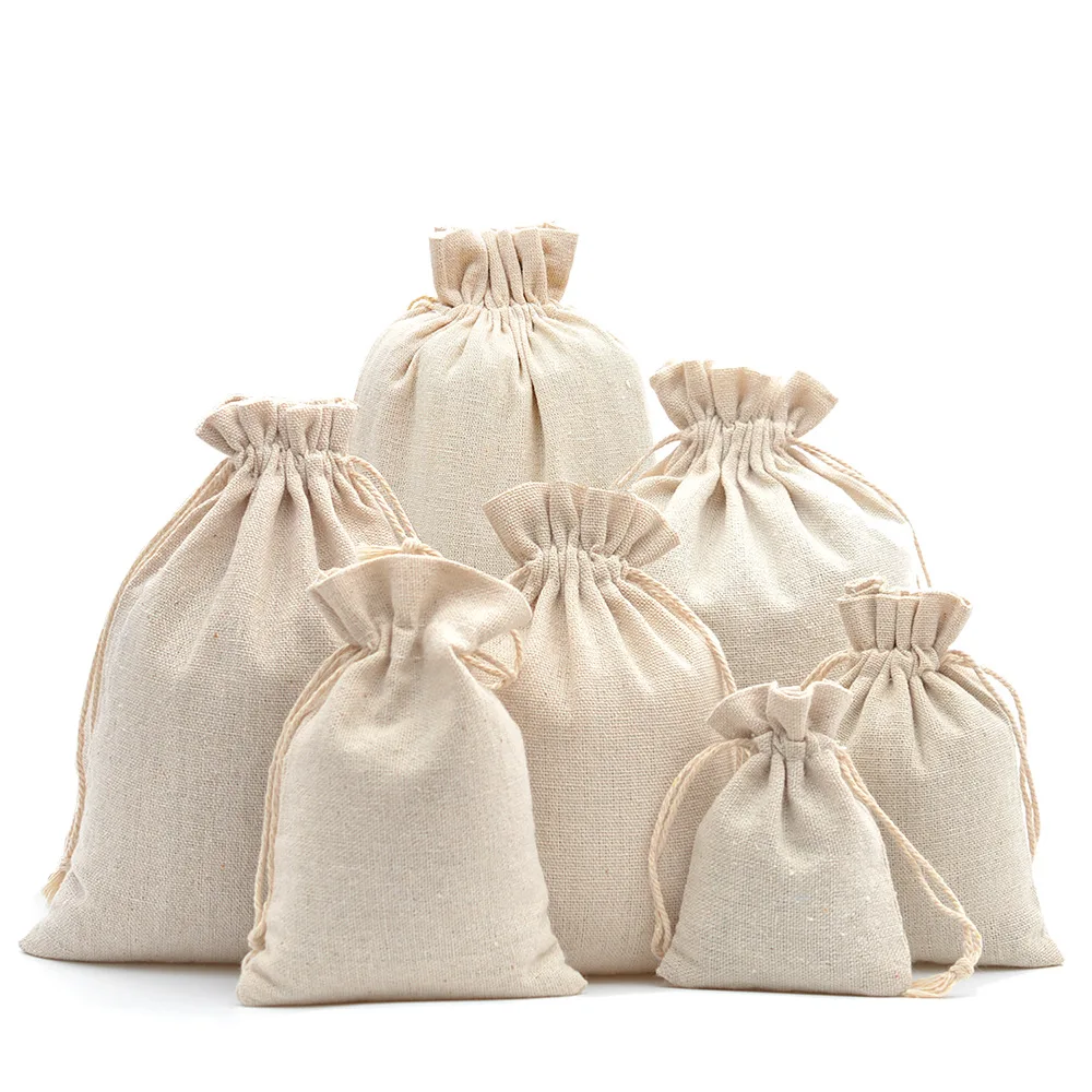10pcs White Drawstring Storage Bags Bulk Calico Bags Cotton Tote Gift Bag 