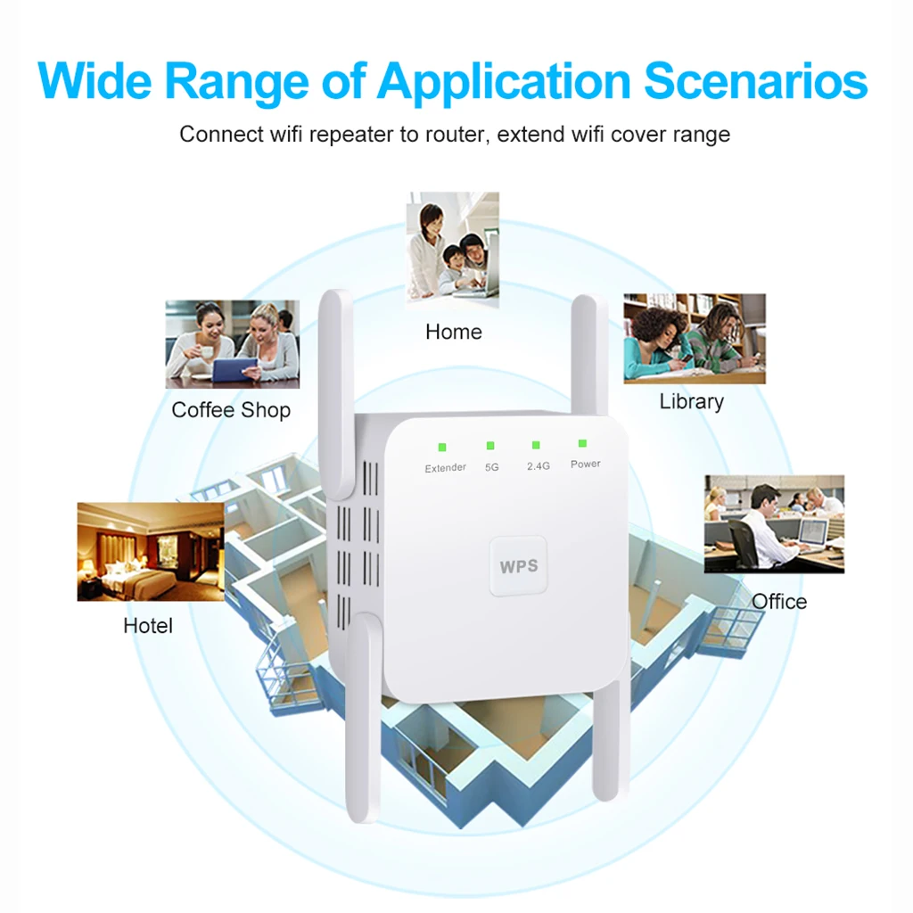 1200Mbps 2.4G 5G Wireless Wifi Repeater 4 Antennas Signal Booster EU-Plug