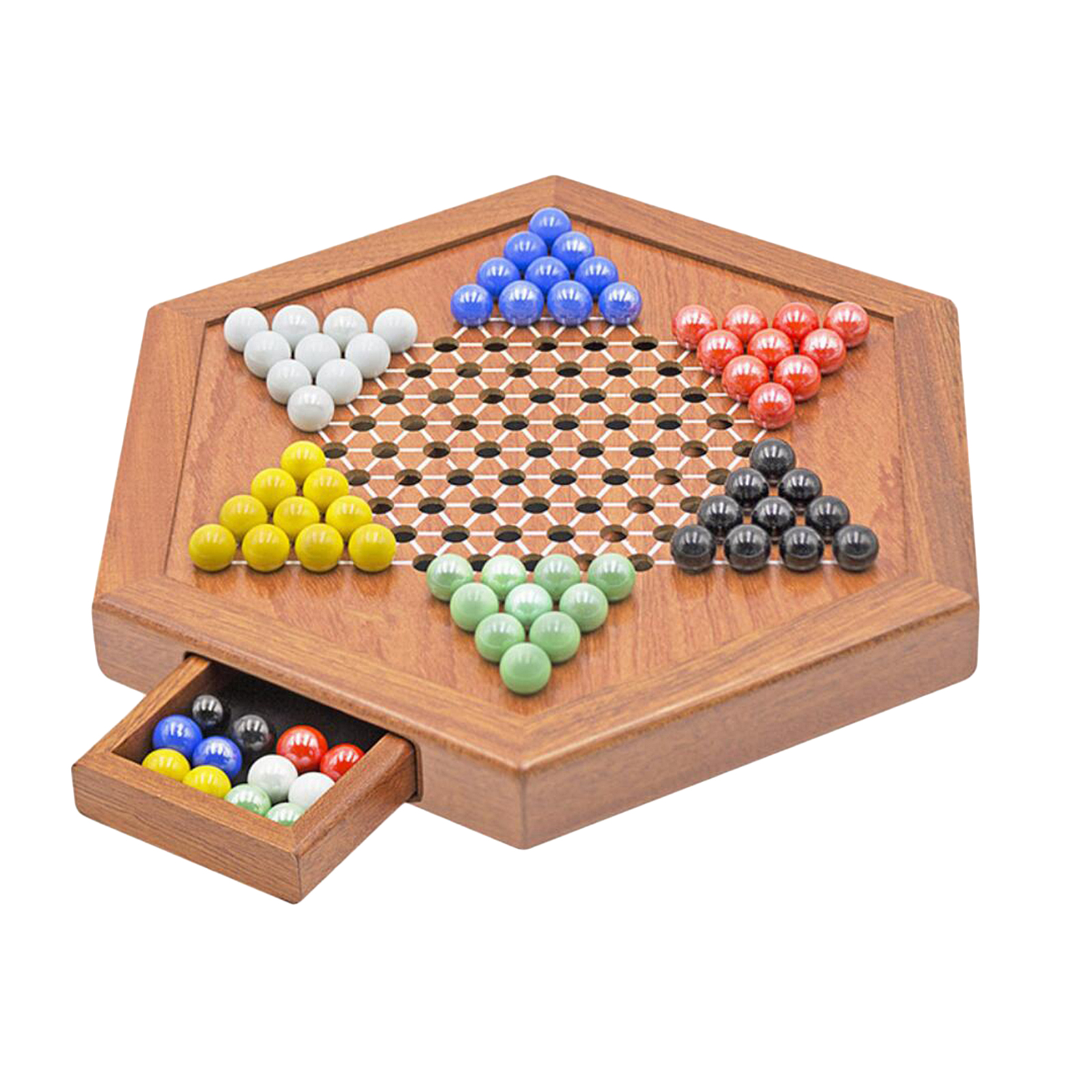 Classic Wooden Chinese Checkers 12 Inches with Drawers Halma Board Game Fine Glass Beads Family Multiplayer