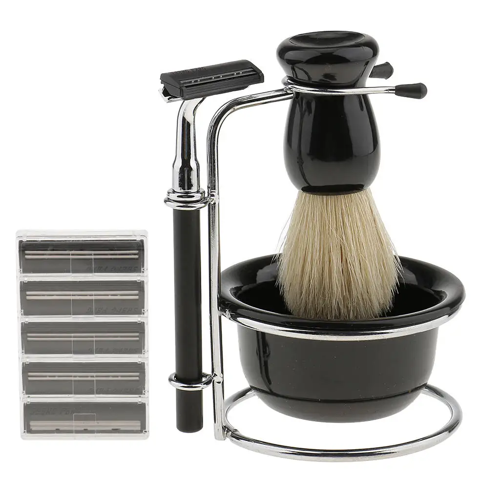 5 in 1 Black Shave Stand +Bristle Brush+ Bowl +Safety Razor +BladesTravel Set for Men