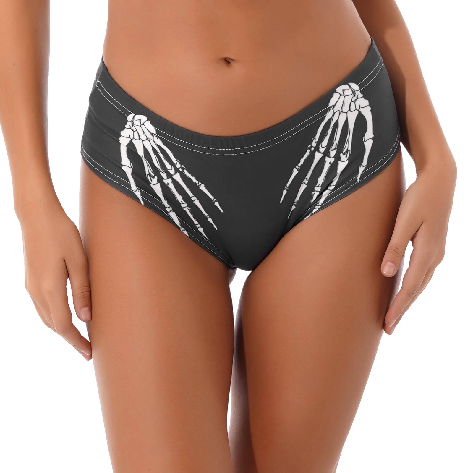 Women Gothic Hand Skeleton Printed Panties Underwear Low Waist Briefs Elastic Waistband Bikini Bottom Halloween Costumes
