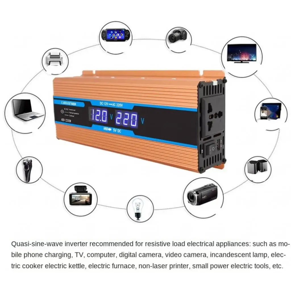 DC12-48V to AC220V Pure Sine Wave Power Inverter Voltage Converter with USB Charging Ports Camping Outdoor