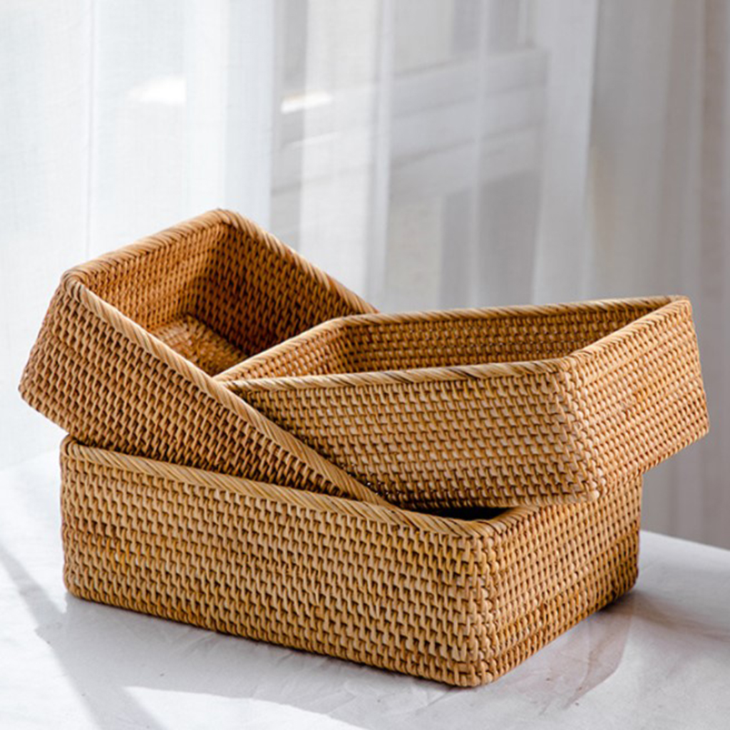 Rectangle Handwoven Bread Basket Wicker Serving Tray Tea Flower Drinks Snack Coffee Table Setting