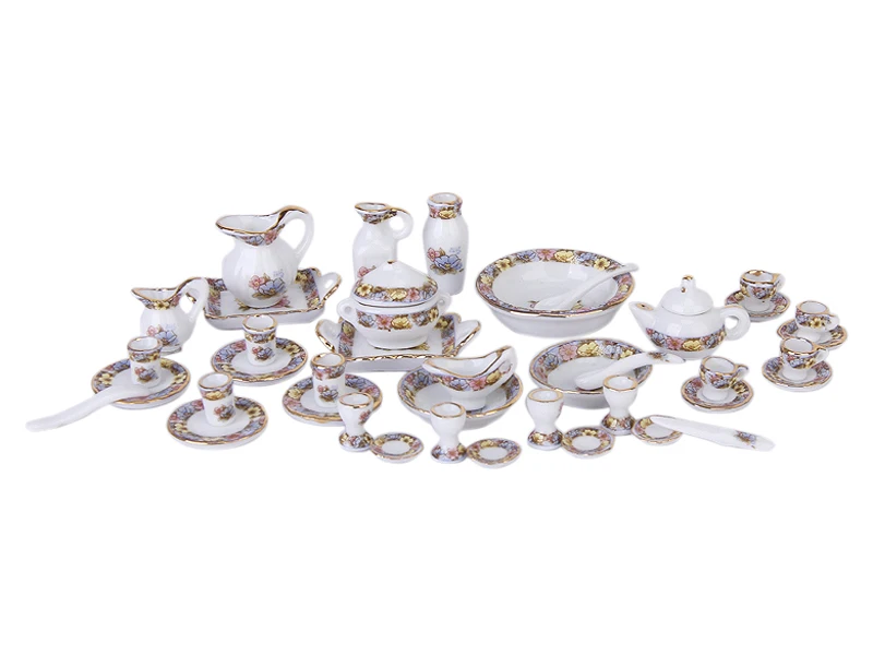 40 Pcs Dollhouse Miniature Dining Ware Porcelain Tea Set Dish Plate Flowers