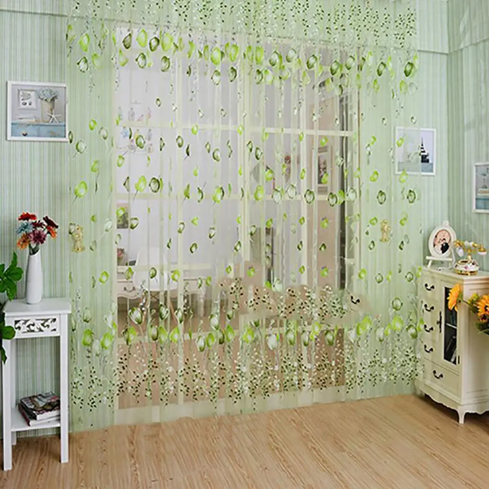 2Pcs Floral Tulle Voile Door Window Curtain Drape Panel Sheer Scarf Dividerag H 