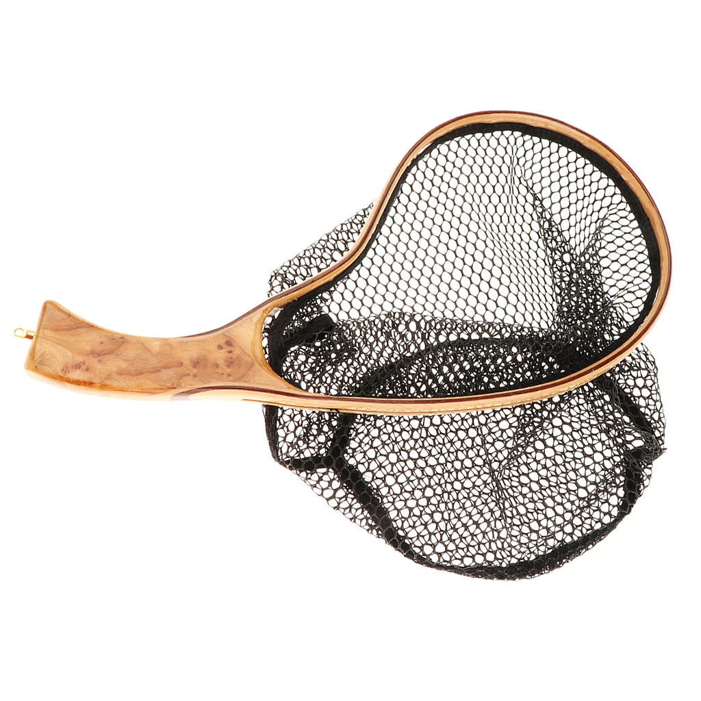 Wooden Handle Fly Fish Fishing Landing Trout Clear Rubber Net Mesh Catch Tackle