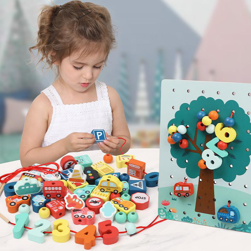 70pcs Wooden Lacing Beads for Toddlers, Fine Motor Skills Montessori Toys, Preschool Learning Toys for 2 Year Old Boys and Girl