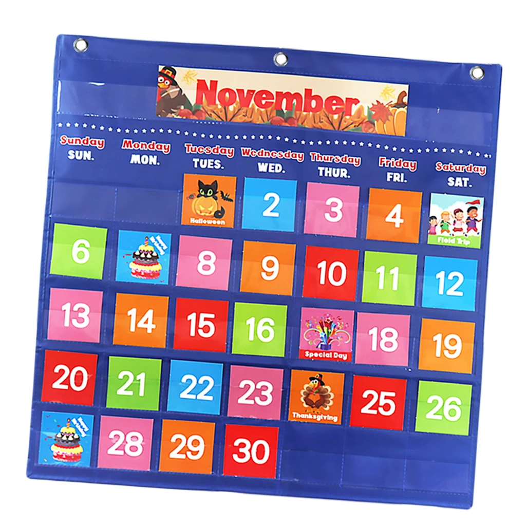 Learning Calendar Pocket Chart Illustrated Cards Day Week Monthly Chart Wall Hanging for Kids Educational Classroom Supplies