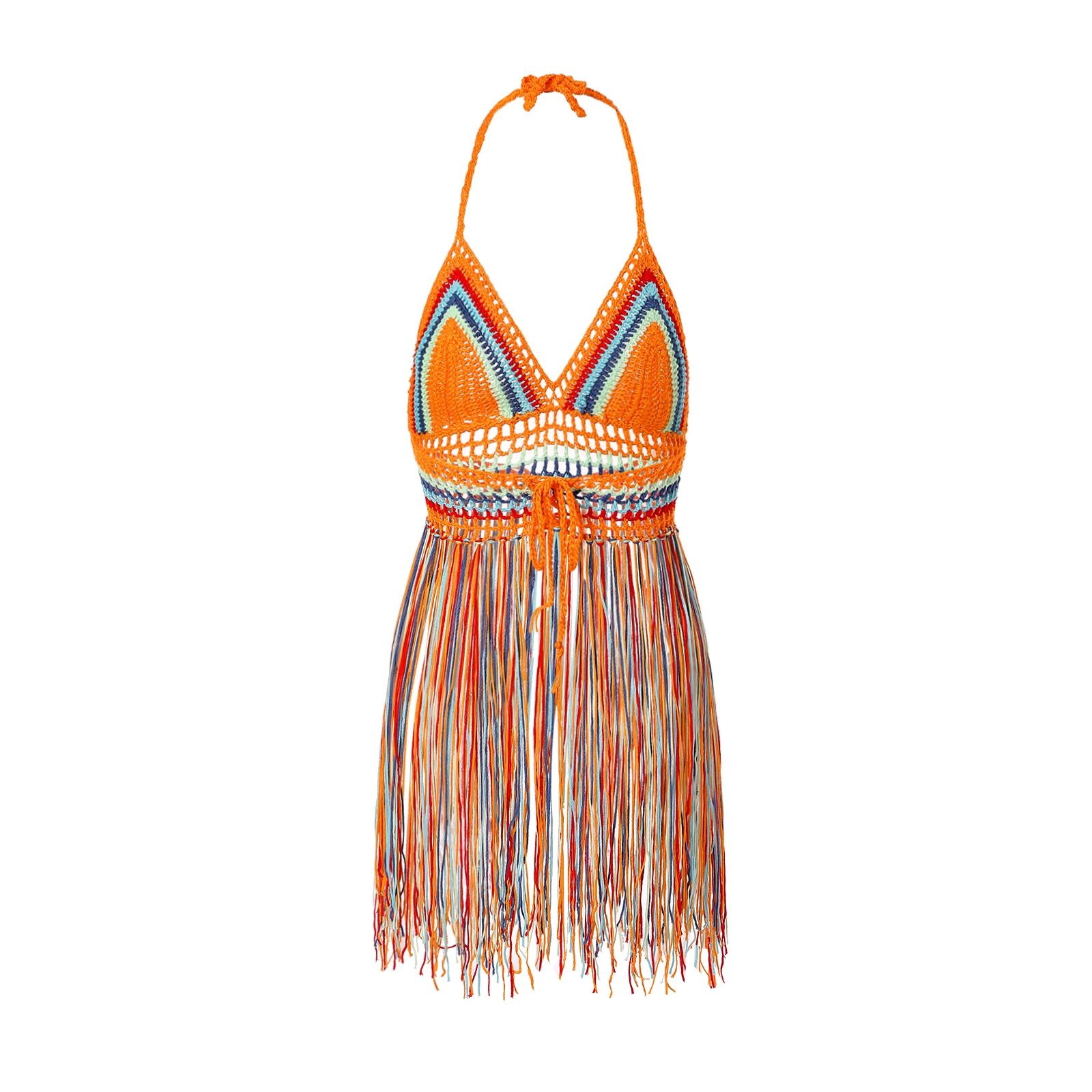 Women's Summer Bikini Cover Up Sleeveless Backless Hanging Neck Colorful Knit Tassel Beachwear Hollow Out Dress bikini and cover up set