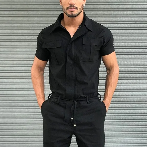 2021 Fall Men Short Sleeve Basic Work Coverall Male Pure Color Cargo Overalls Casual Street Wear Jumpsuit Men's Fashion Overalls green cargo pants men