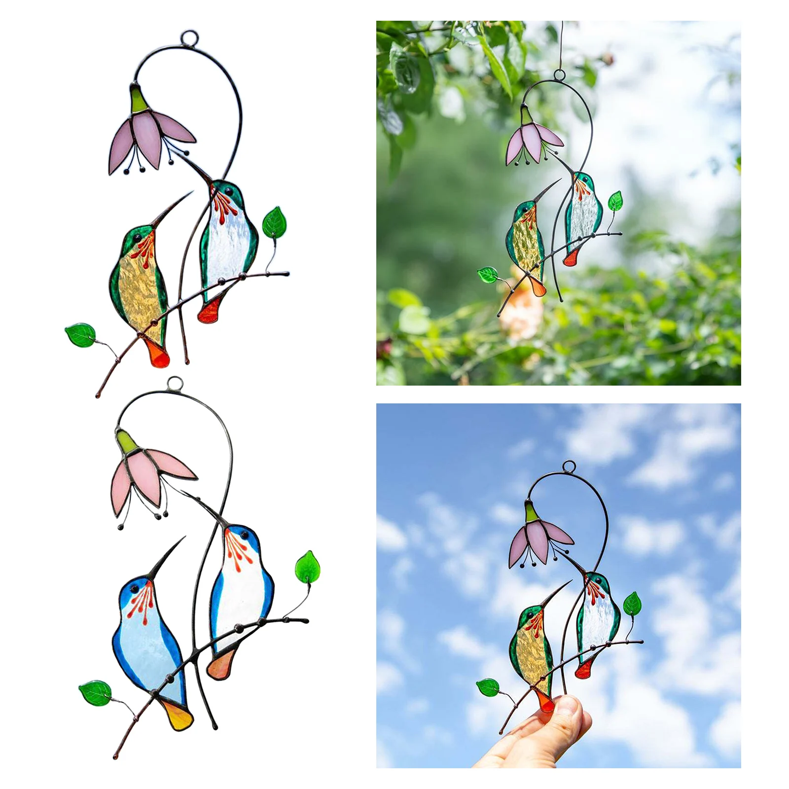 Colorful Cute Hummingbird Stained Glass Window Hanging Panel Birds Suncatcher Outdoor Garden Decoration Gift 7