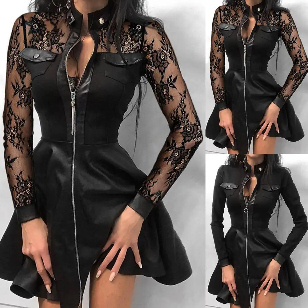 2021 Fashion Women Lace Long Sleeve Zipper Pocket Large Hem Faux Leather Mini Dress Women's Clothing женское платье vestidos 5XL zara dresses