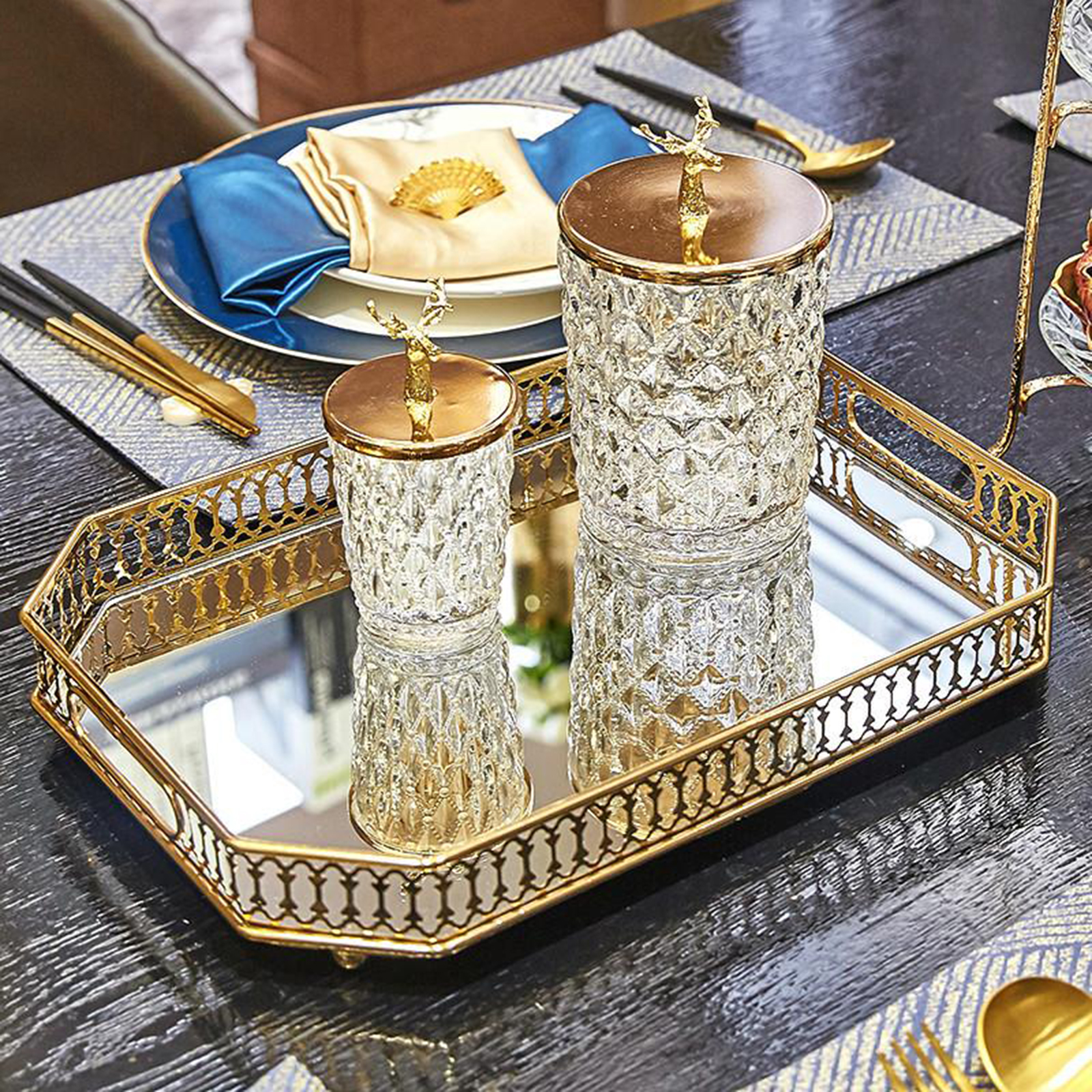 Gold Crystal Tray Makeup Organizer Trinket Holder Fruit Serving Plate Tray