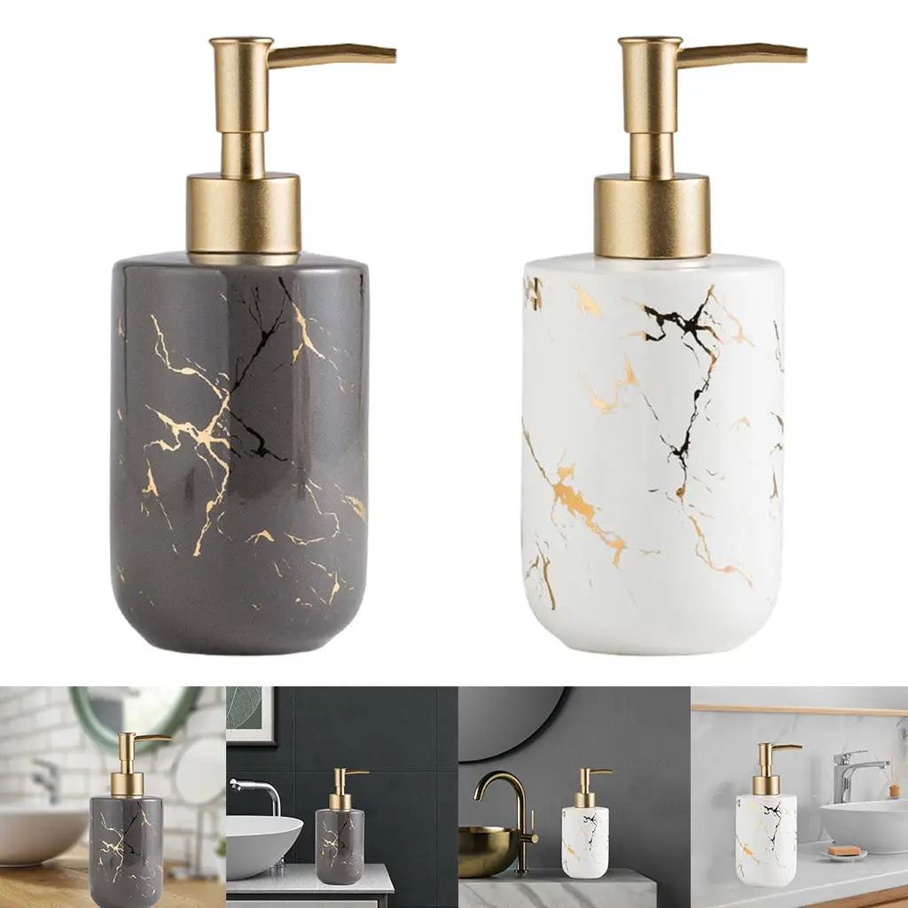 Empty Hand Ceramic Soap Dispenser Marble Texture Shampoo Container Pump Bottle Holder Countertop for Bathroom Laundry Room