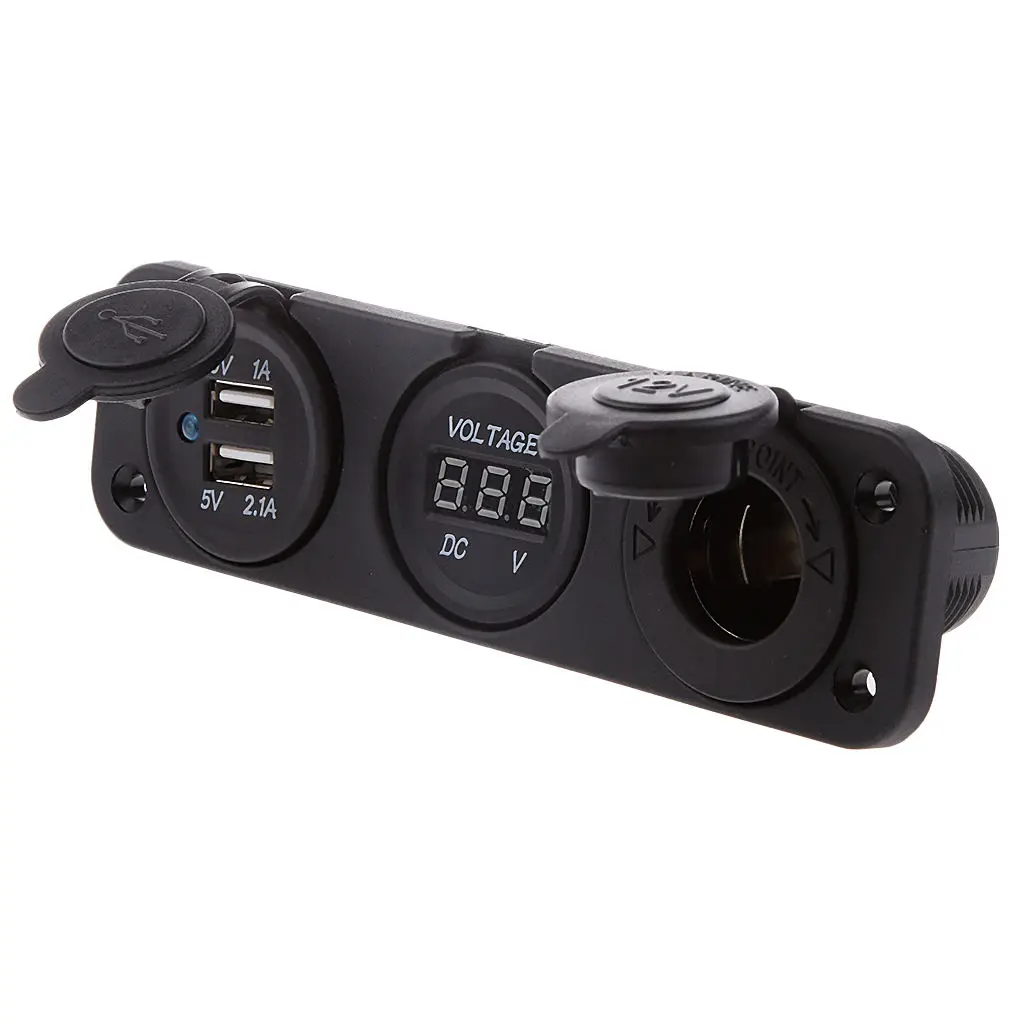 Marine 12V Cigarette Lighter Socket + Voltmeter + USB Charger 5V 1A 2.1A