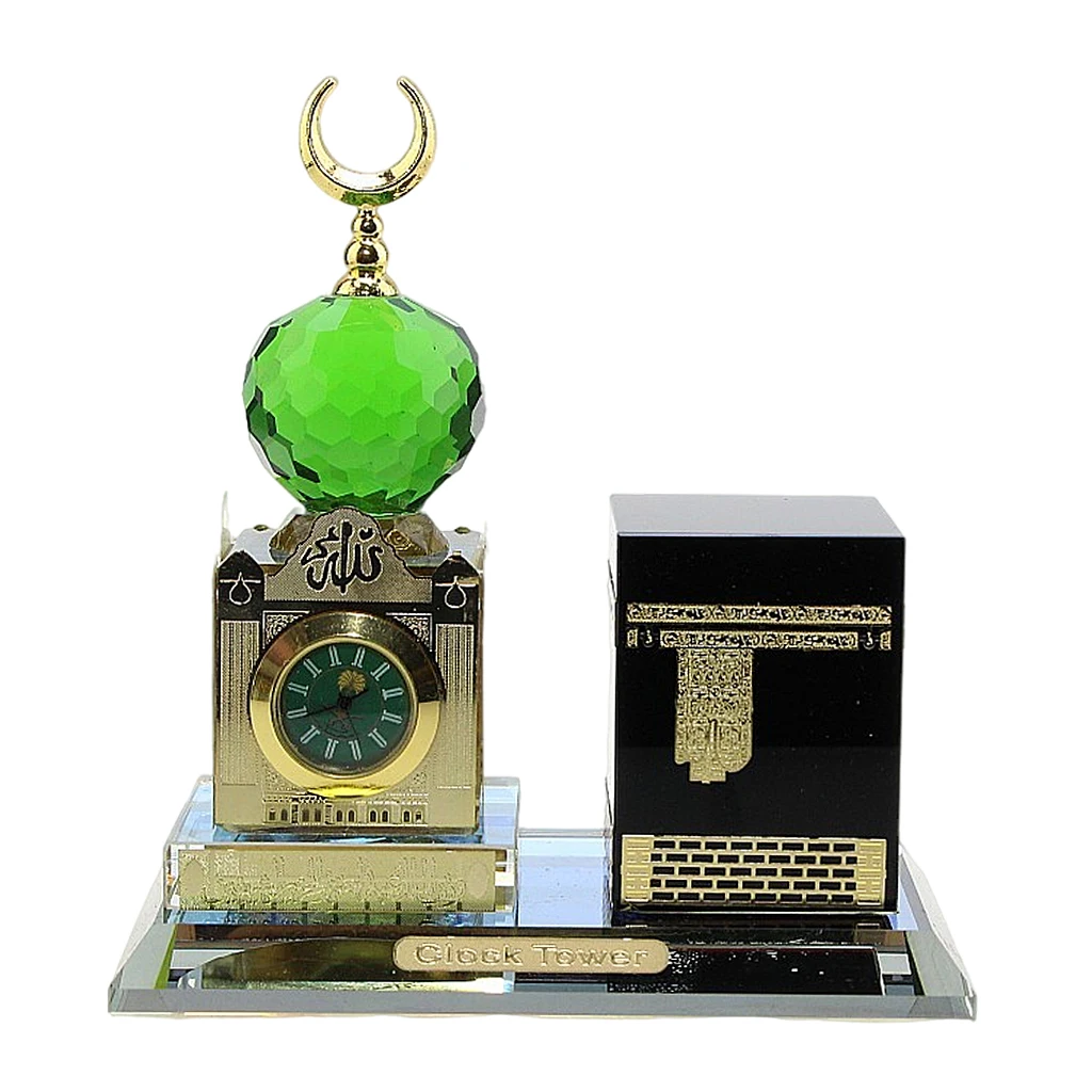 Eid Muslim Crystal Ramadan Architecture Miniature Ornaments Clock Statue Islamic Building Figurines Gift for Home Office Room