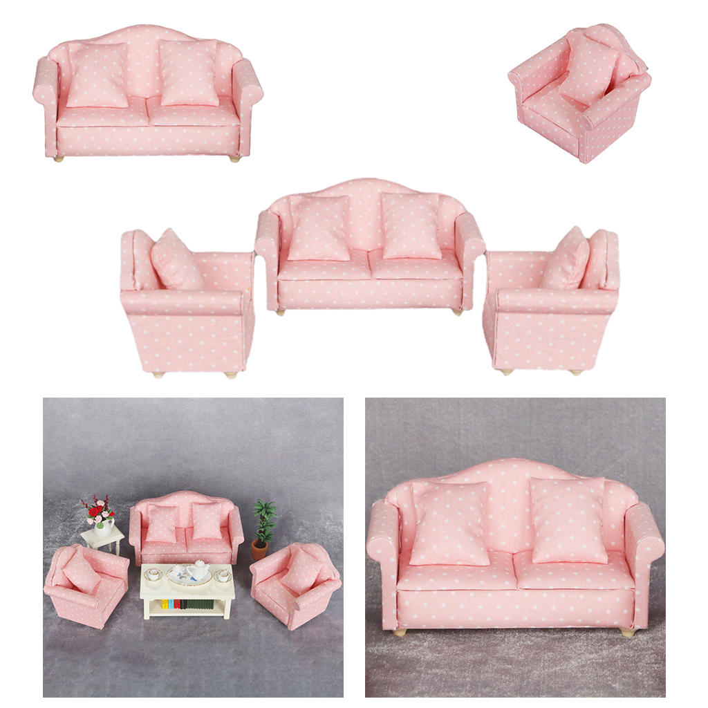 Wooden Mini Pink Sofa & Cushion Furniture for 1:12 Doll House Decorative
