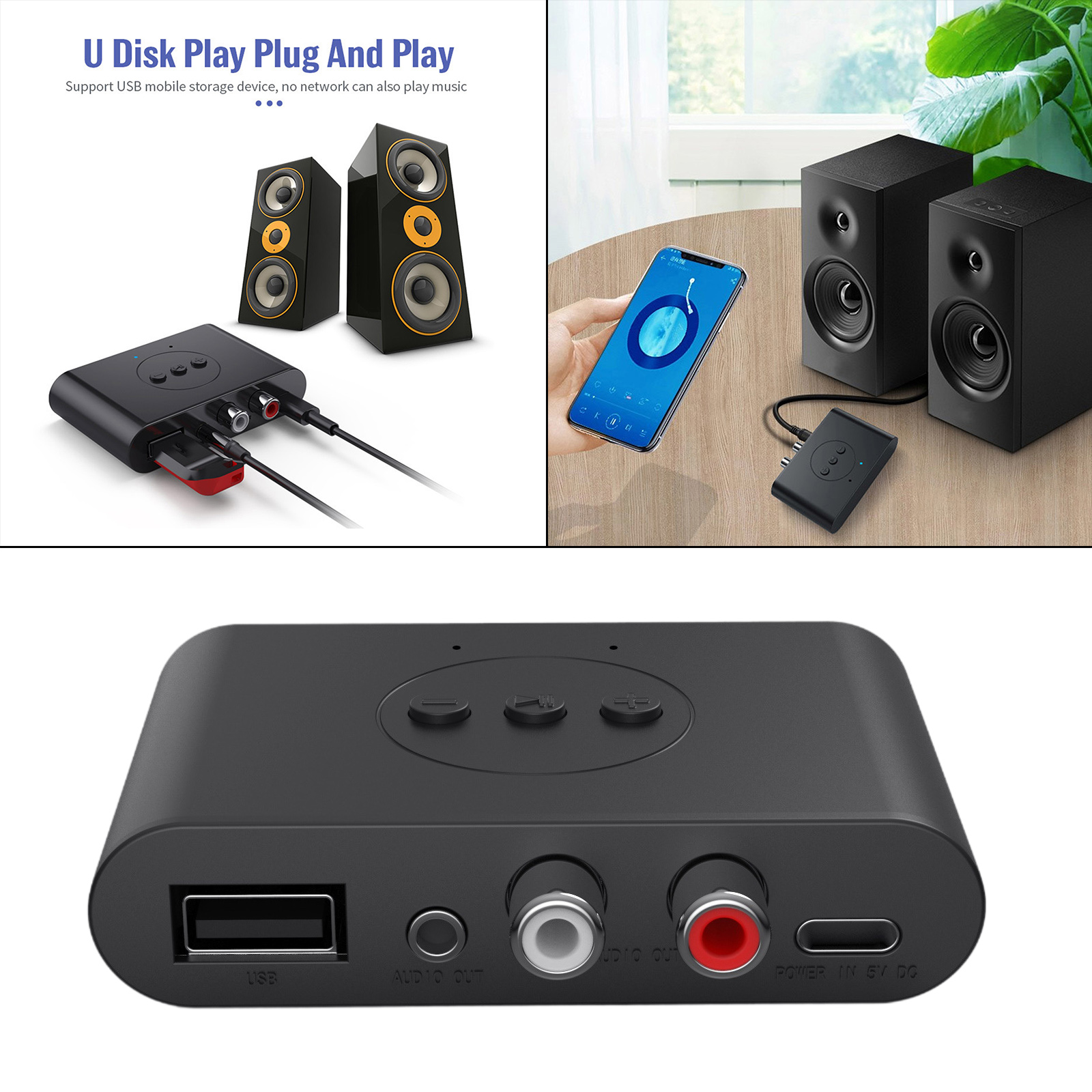Bluetooth 5.0 Receiver, Bluetooth Audio Adapter USB 3.5mm RCA Audio Support U Disk NFC for TV Home Stereo System Low Latency