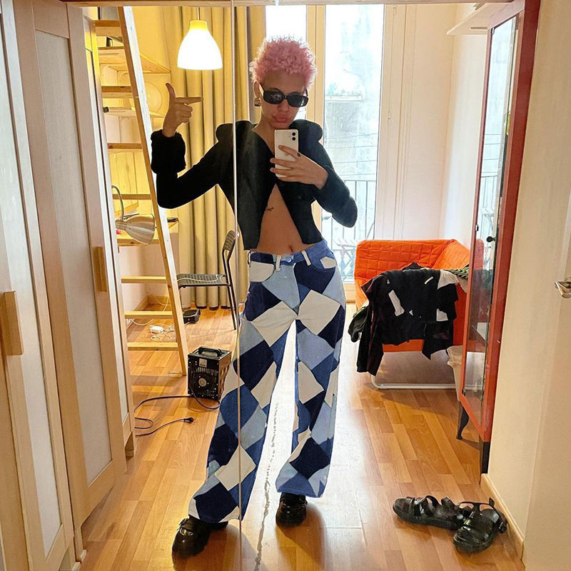 Argyle Print Jeans Women High Waist 