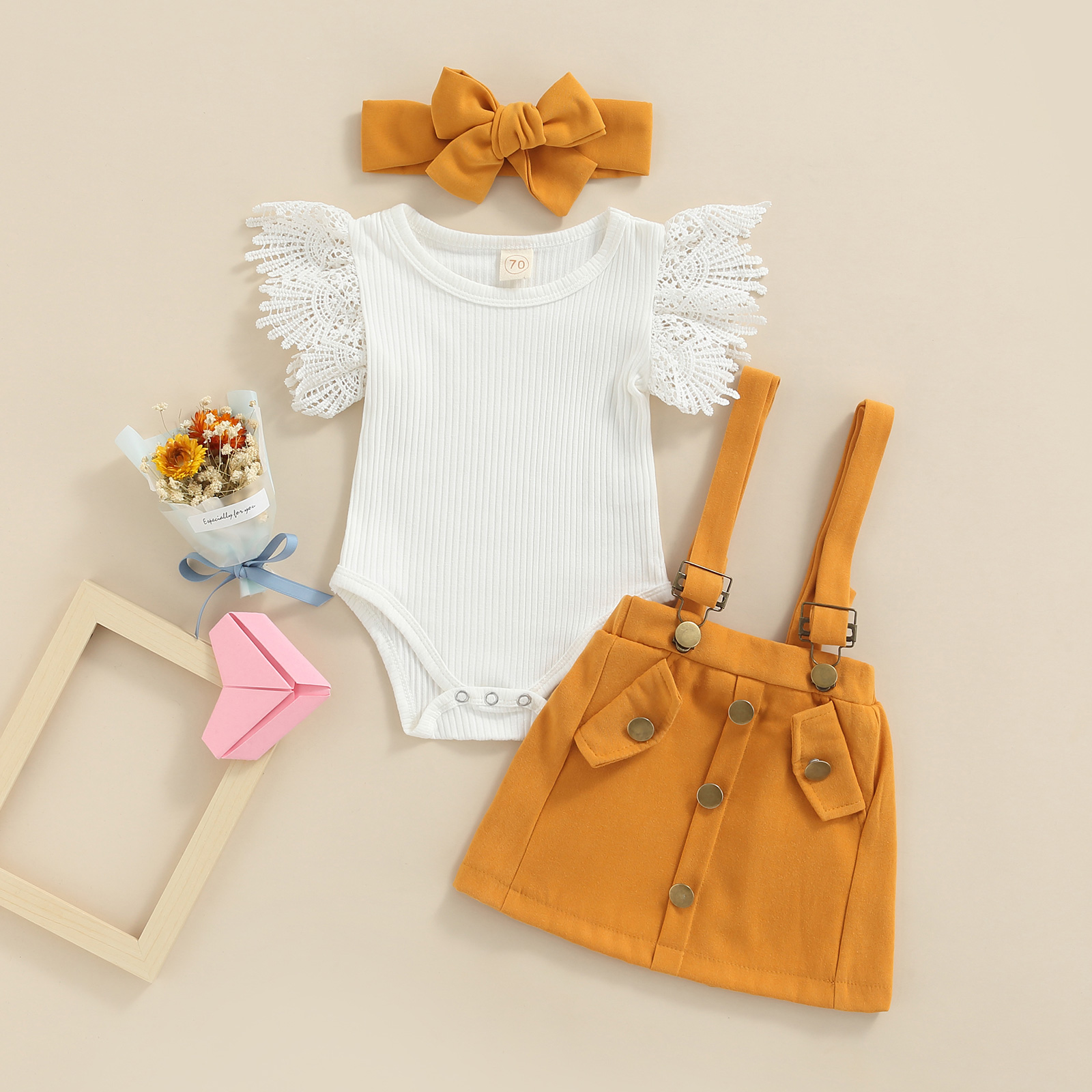 Infant Baby Mädchen Sommer Outfit Sets Weiß Fliegen Sleeve Rippen Romper + Einfarbig Hosenträger Rock + Stirnband – Detail 6