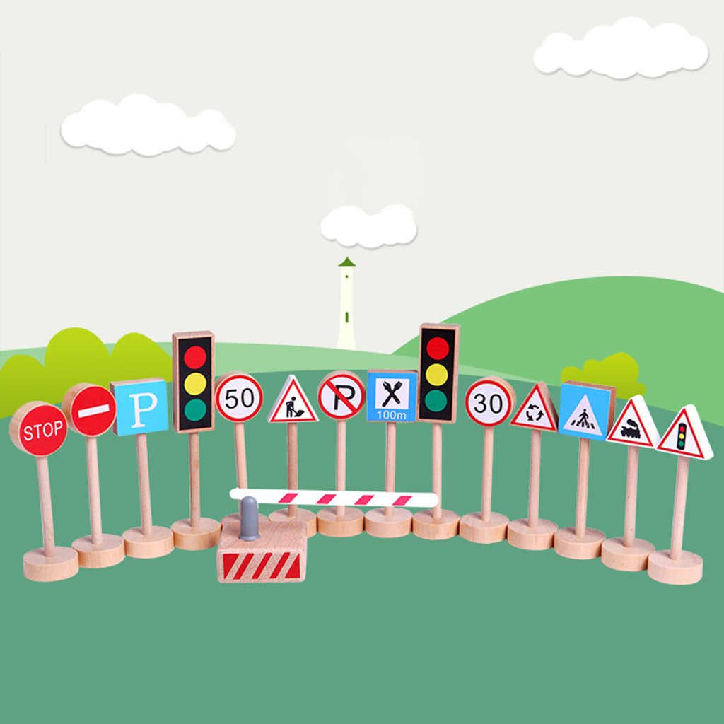 15/Set Wood Crosswalk Road Sign Safety Signal Lights Teaching Educational Birthday Party Pretend Play Preschool Toy Props