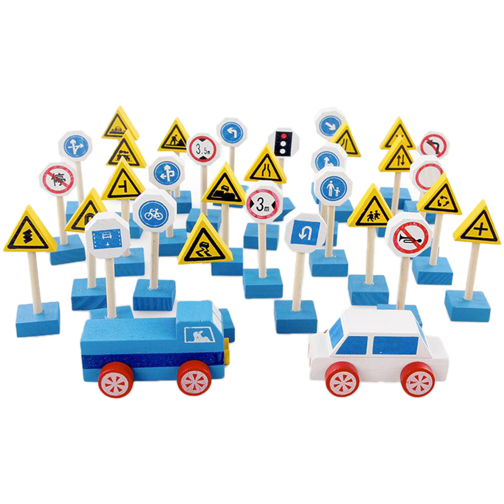 Traffic Signs Wood Wooden Toy Accessories Educational Playset Kids Play Toys