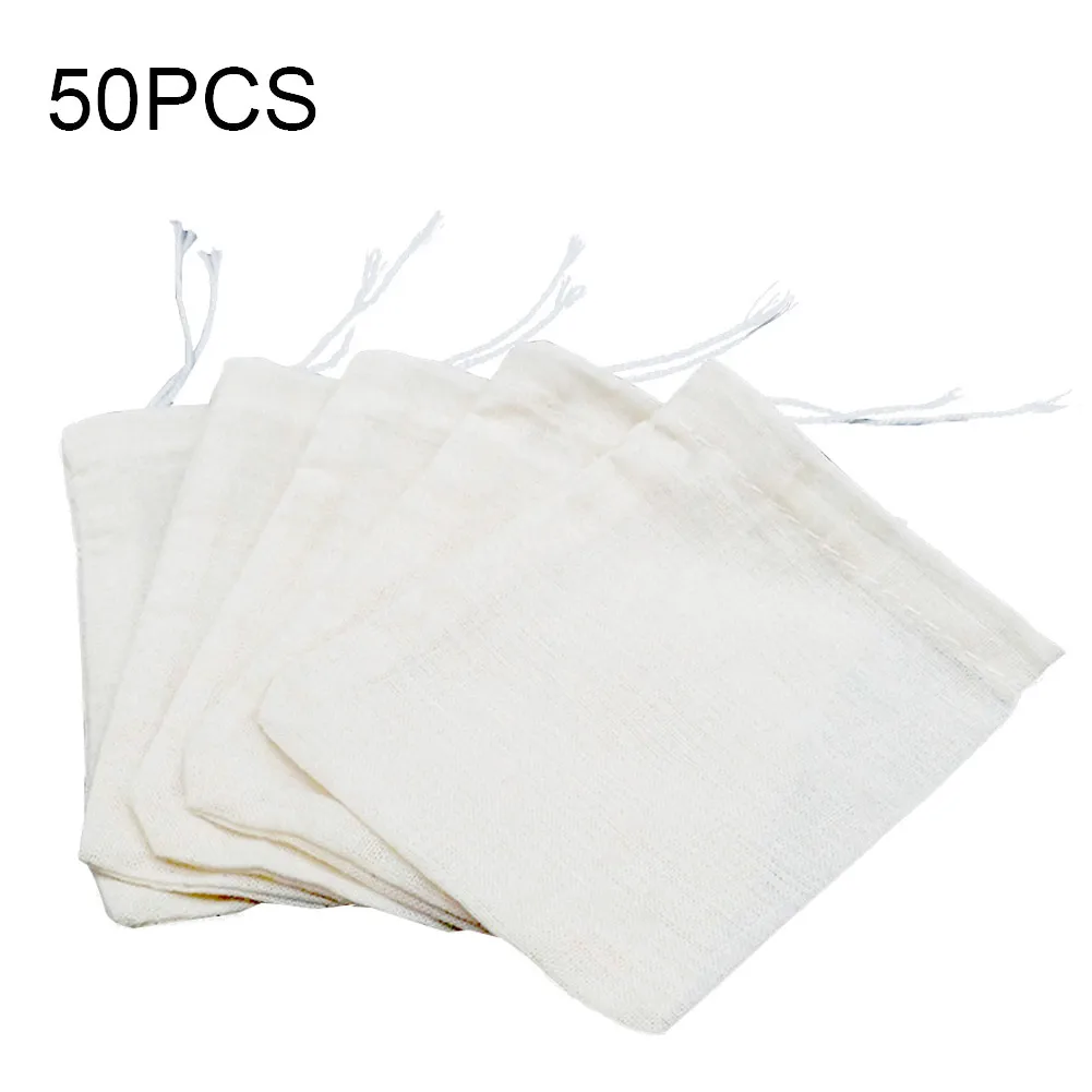 50pcs Kitchen Tea Filter Bags Accessories Cotton Cloth Safe With Drawstring Heal Seal Herb Home Office Travel Reusable Washable