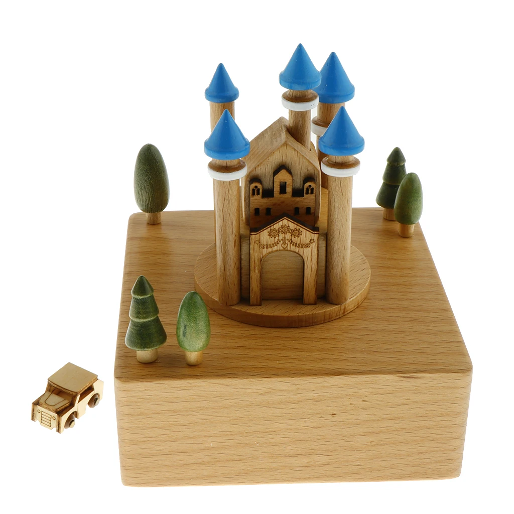 Blue Castle - Wooden Musical Box Classical Melody, with a Small Moving Car, Gift for Kids Family and Friends