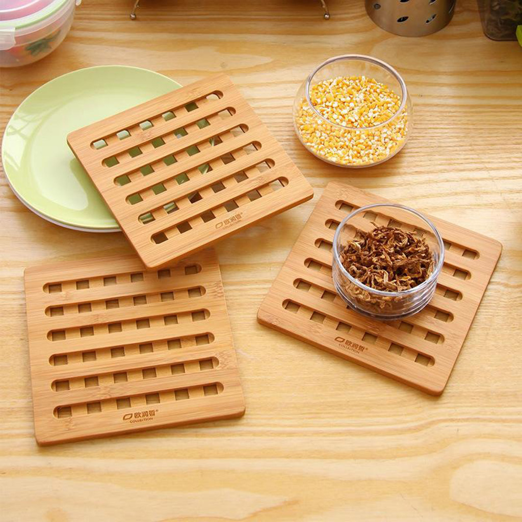 3pcs Natural Bamboo Trivet Mat Pads for Hot Pot Dishes Heat Resistant Square