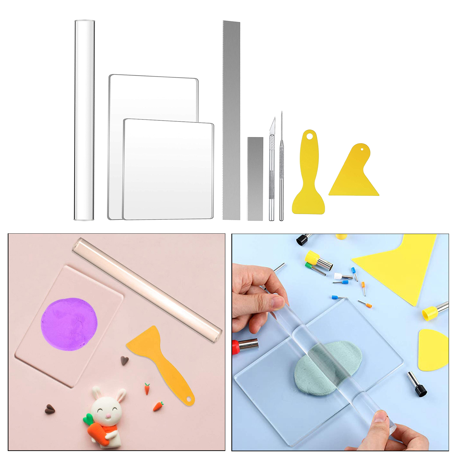 9 Pieces DIY Polymer Clay Tool, Include Acrylic Clay Roller, Acrylic Sheet, Clay Needle, Clay Cutter, Scraper Backing Board