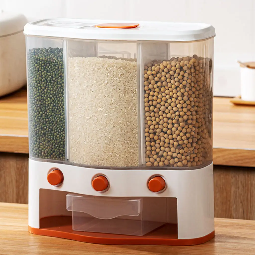 Wall Mounted Rice Dispenser 6L Rice Bucket, 3-Grid Rice Storage Dry Food Dispenser Grain Storage Dried Fruit Food Storage Box