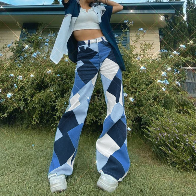 Argyle Print Jeans Women High Waist 