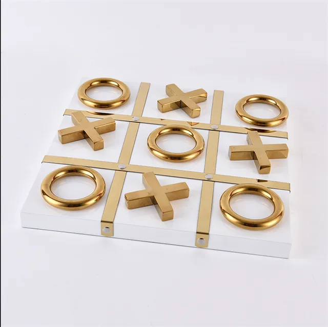Marble Tic Tac Toe Game for Living Room Decor Centerpiece White and Gold XO with White Marble and Gold Color Stainless Steel Decorative Table Top X/