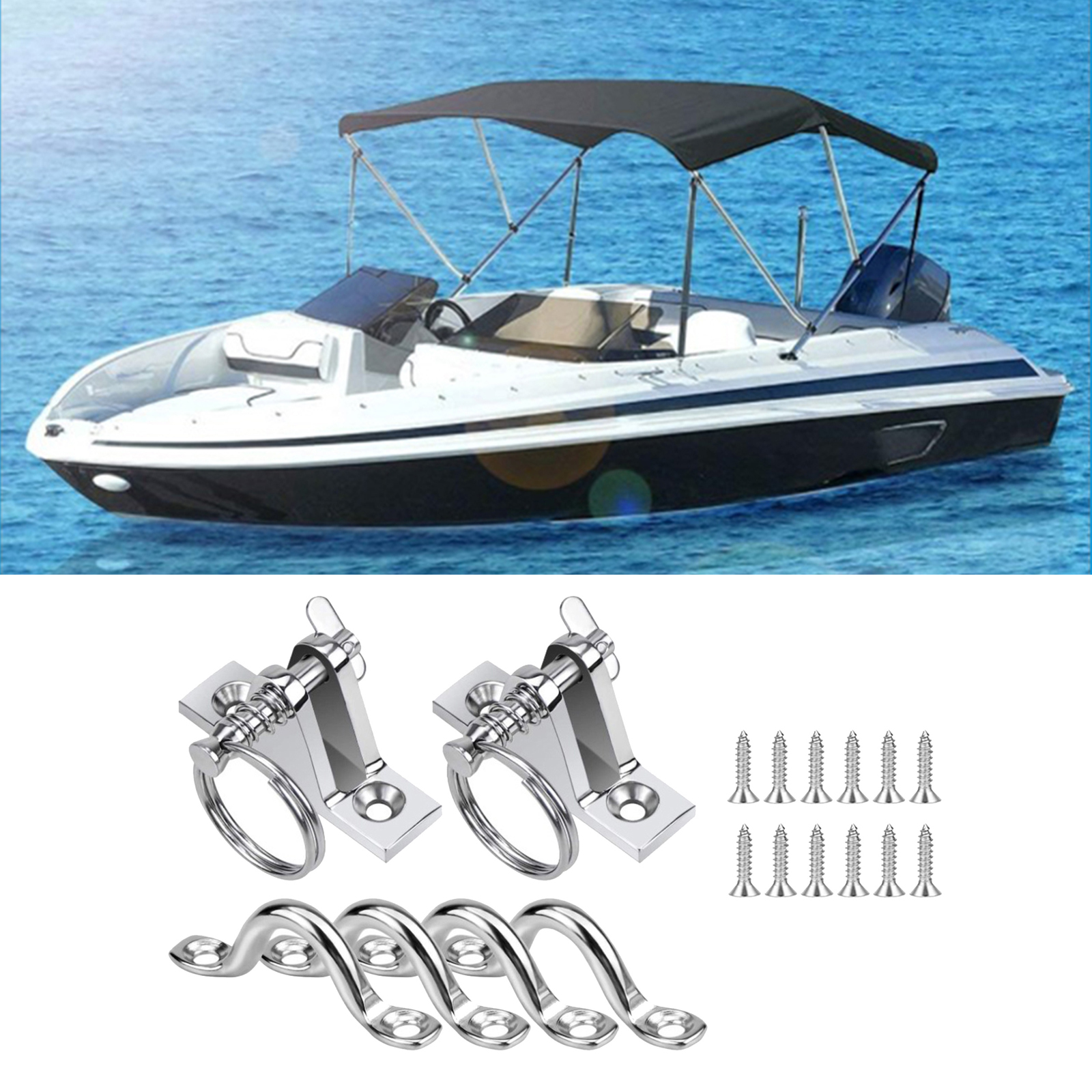 SS316 Bimini Boat Top Deck Hinge Mount w/4Pcs 3/8 Inch Pad Eye Straps Quick Release Pin Kayak Hardware Sets