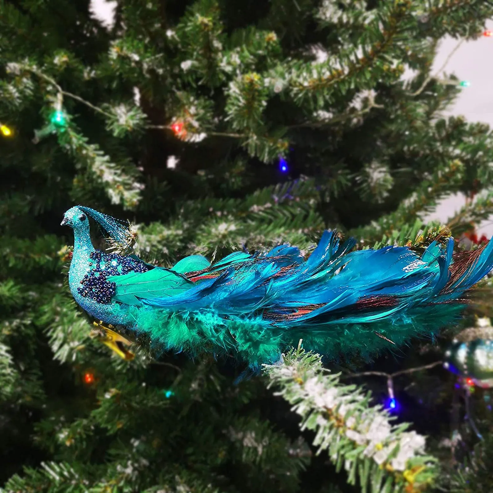 Merci 11-Christmas Tree Ornaments-Peacock Cake Topper-Glittered Feather Peacock Ornaments with Clip-On-1 PC Blue