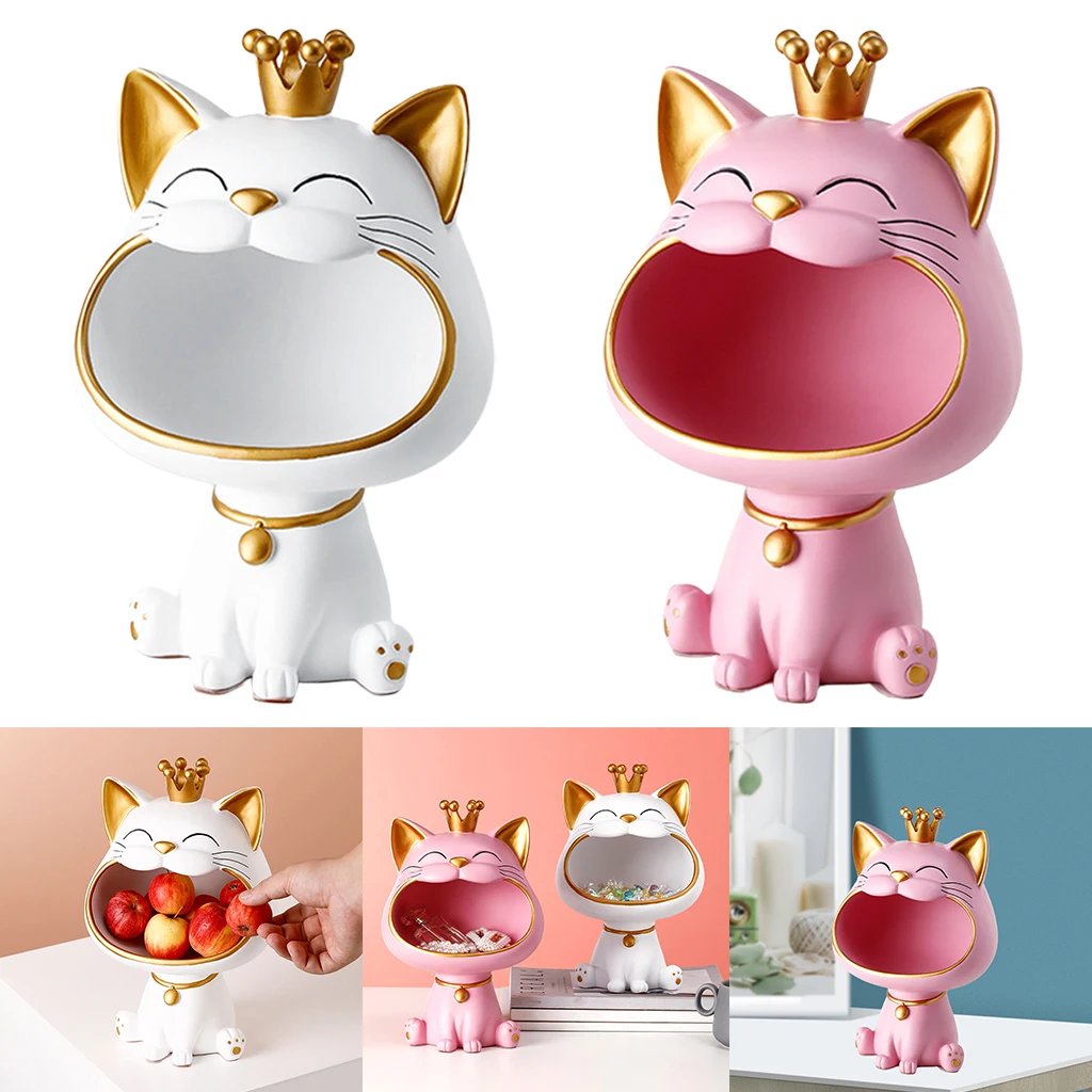 Lucky Cat Figurines Big Mouth Sundries Storage Box Sculpture Statue Resin Animal Decorative Living Room Home Table Ornament