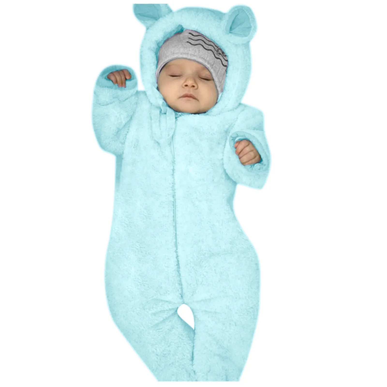 WOCACHI Baby Fleece Bear Ear Footed Jumpsuit Infant Newborn Girls Boys Hooded Romper Oblique Zipper Romper Snowsuit 