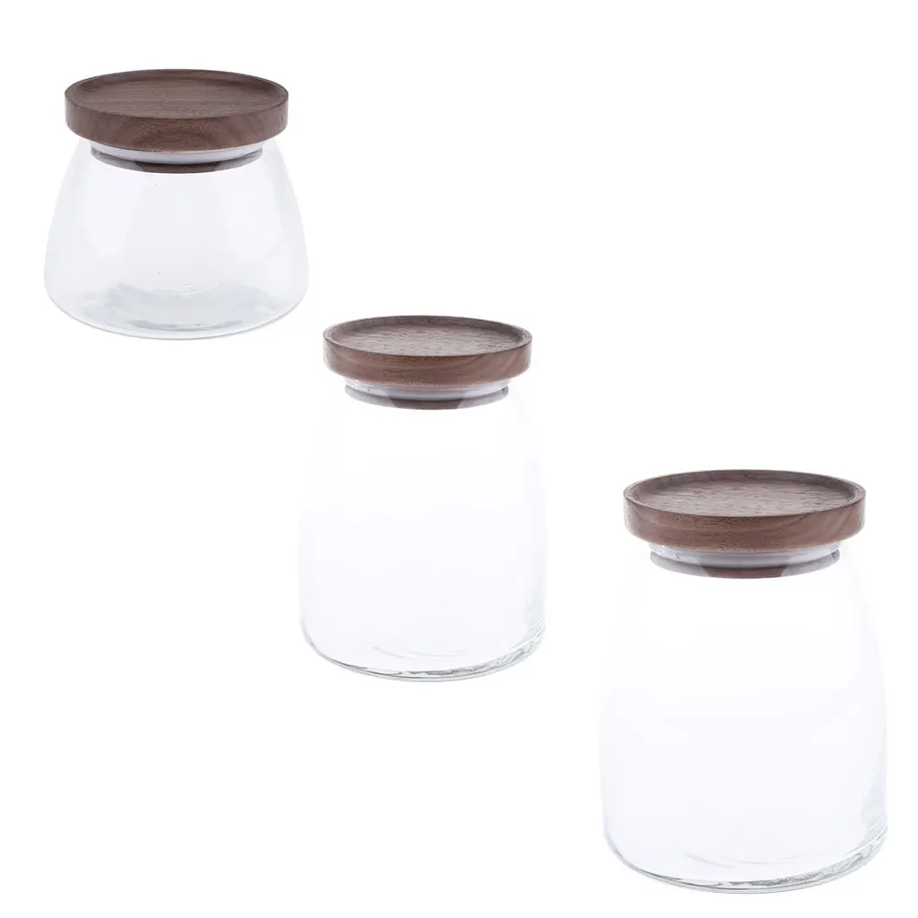 Glass Food Storage Jar Tea Coffee Snack Canister Tank W/ Walnut Wooden Lid