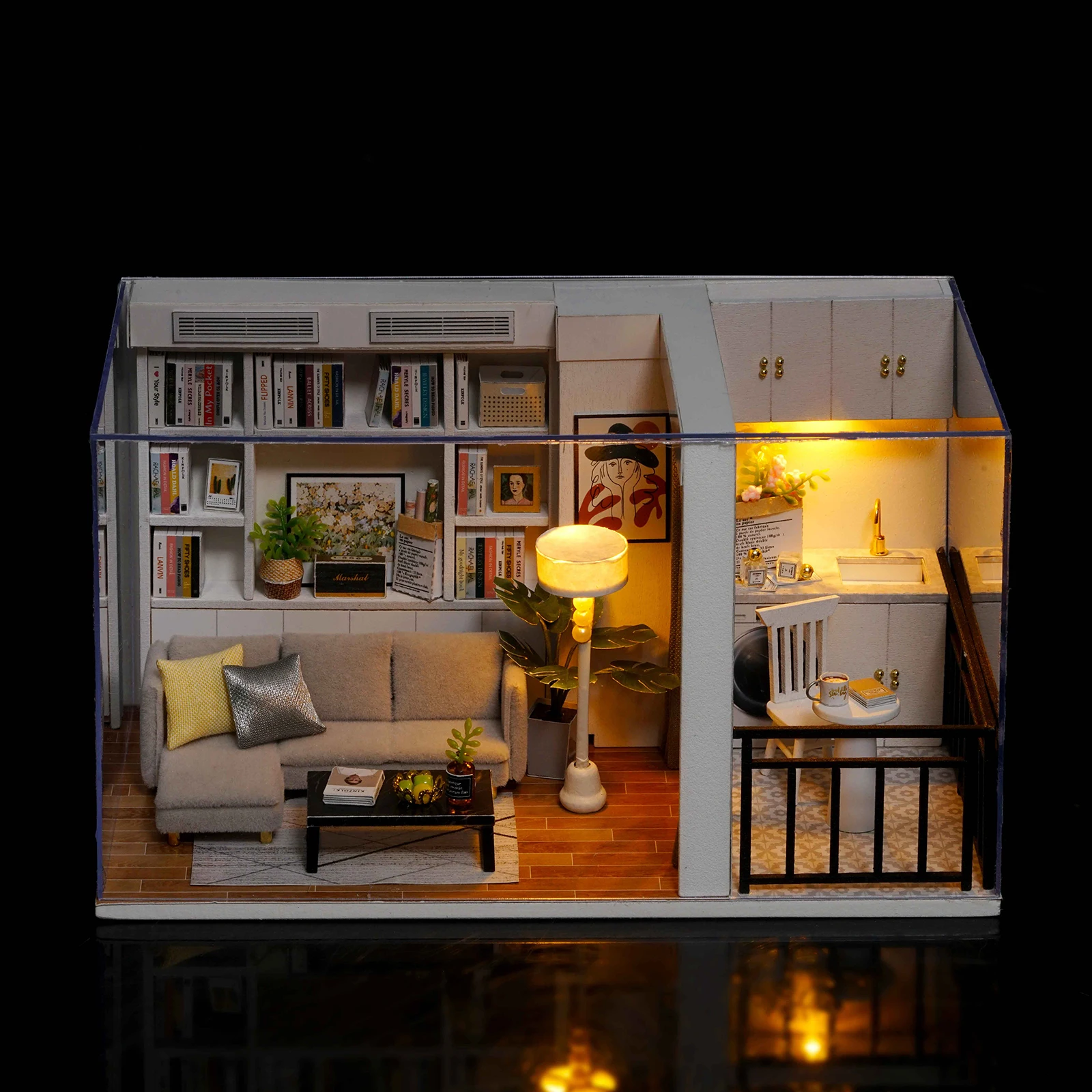 1:32 Wood Miniature LED Dolls House Building Cottage Living Room Dustproof Cover Kits Birthday Toys Gift