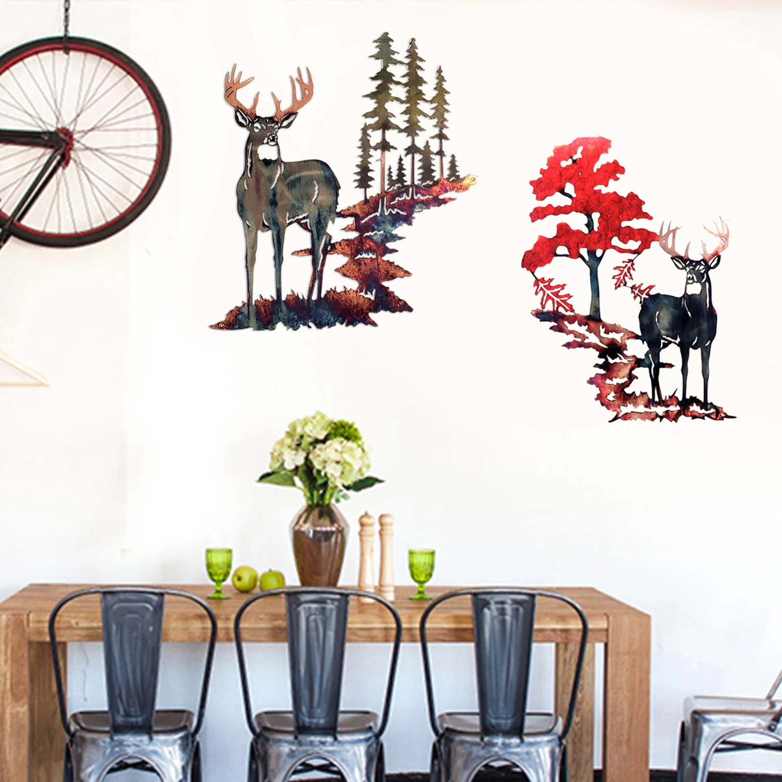 Deer & Woodland Metal Wall Art Iron Deer Rustic Wall Decor, Cut Forest Tree Home Office Ornament, Hanging Decor