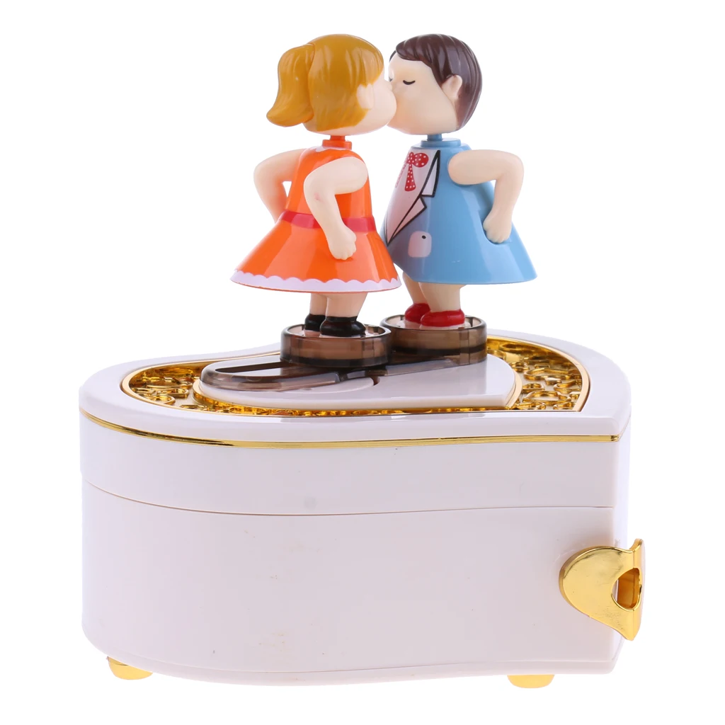 Heart Shape Kissing Doll Music Box W / Jewelry Drawer Clockwork Toy B