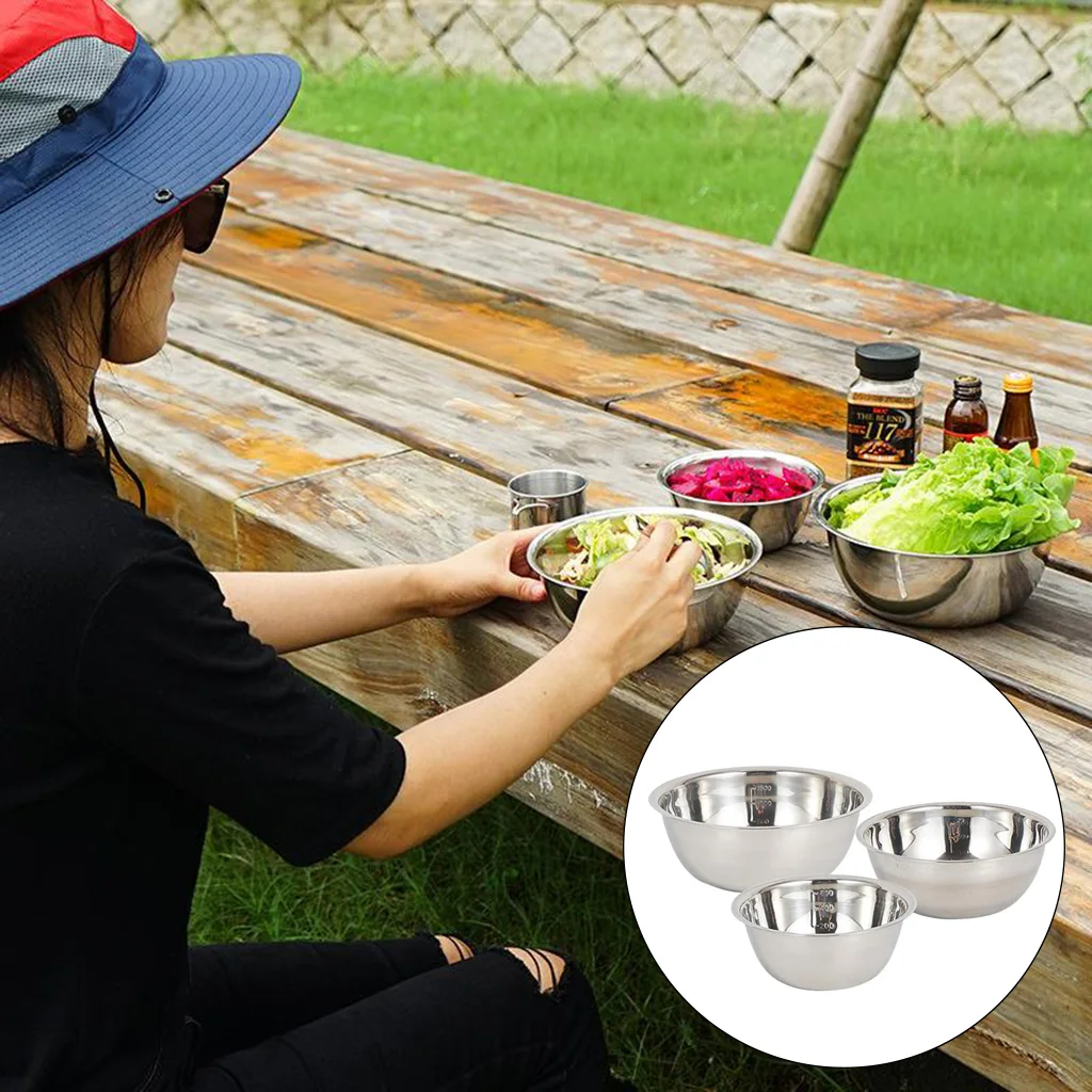 3Pcs Stainless Steel Mixing Bowls Camping Dinnerware for Kids, Adults, Family Outdoor, Hiking, Beach, Outdoor Cooking Use