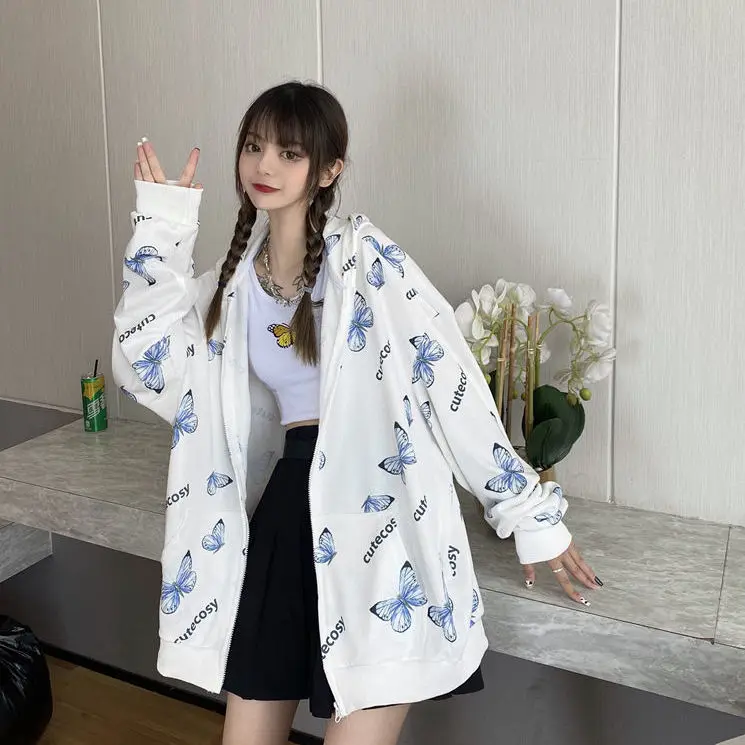 Summer Harajuku Butterfly Hoodie With Zipper Women Sweatshirt  2021 Spring Oversized Hoodies Outerwear Plus Size