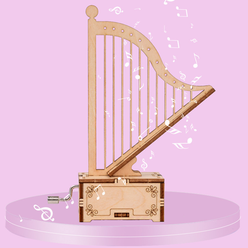 3D Retro Wooden Puzzle Hand Crank Shape Harp Wooden Music Box