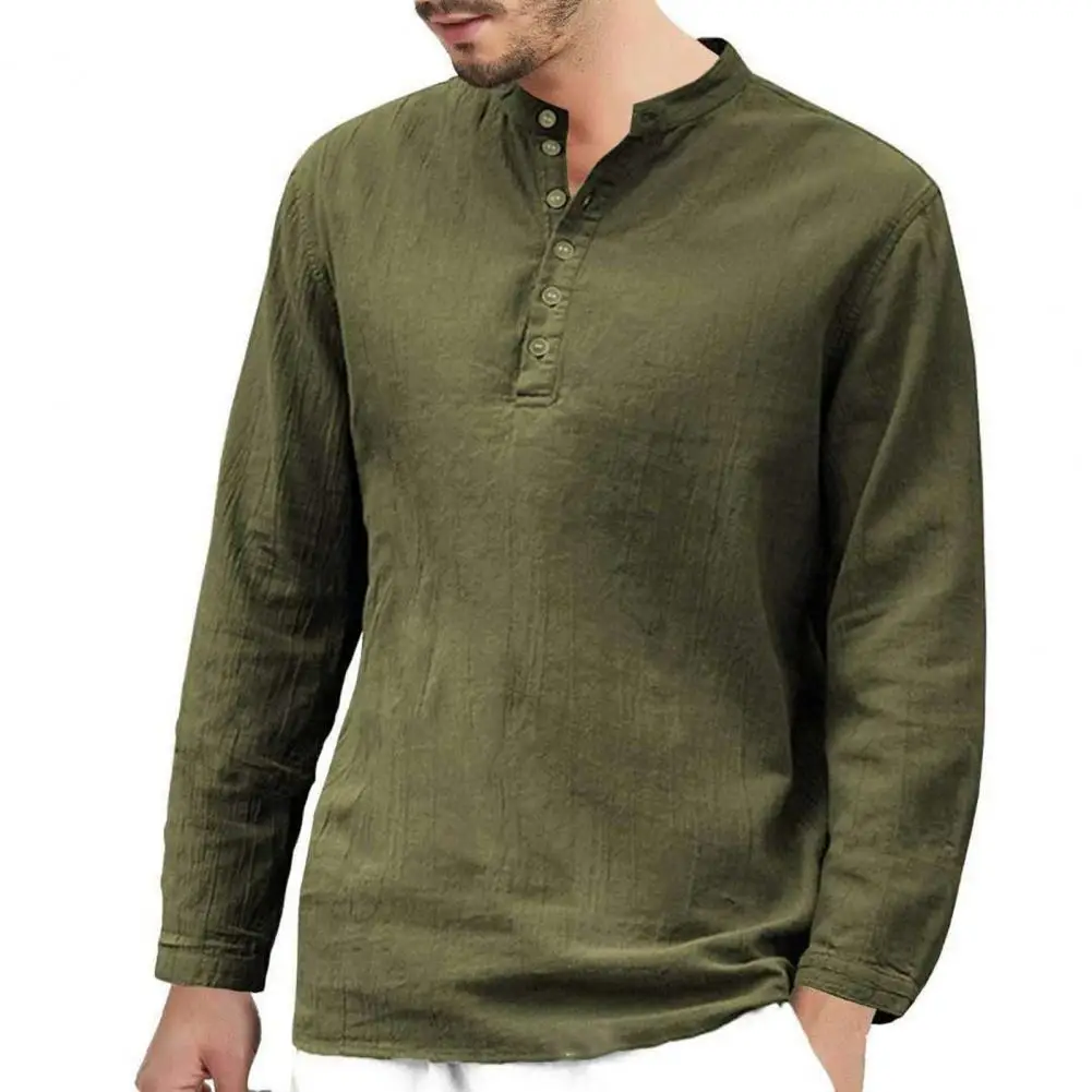 Men's Vikings Nordic Style Long-Sleeved Solid Color Cotton Linen Stand-Up Collar Shirts